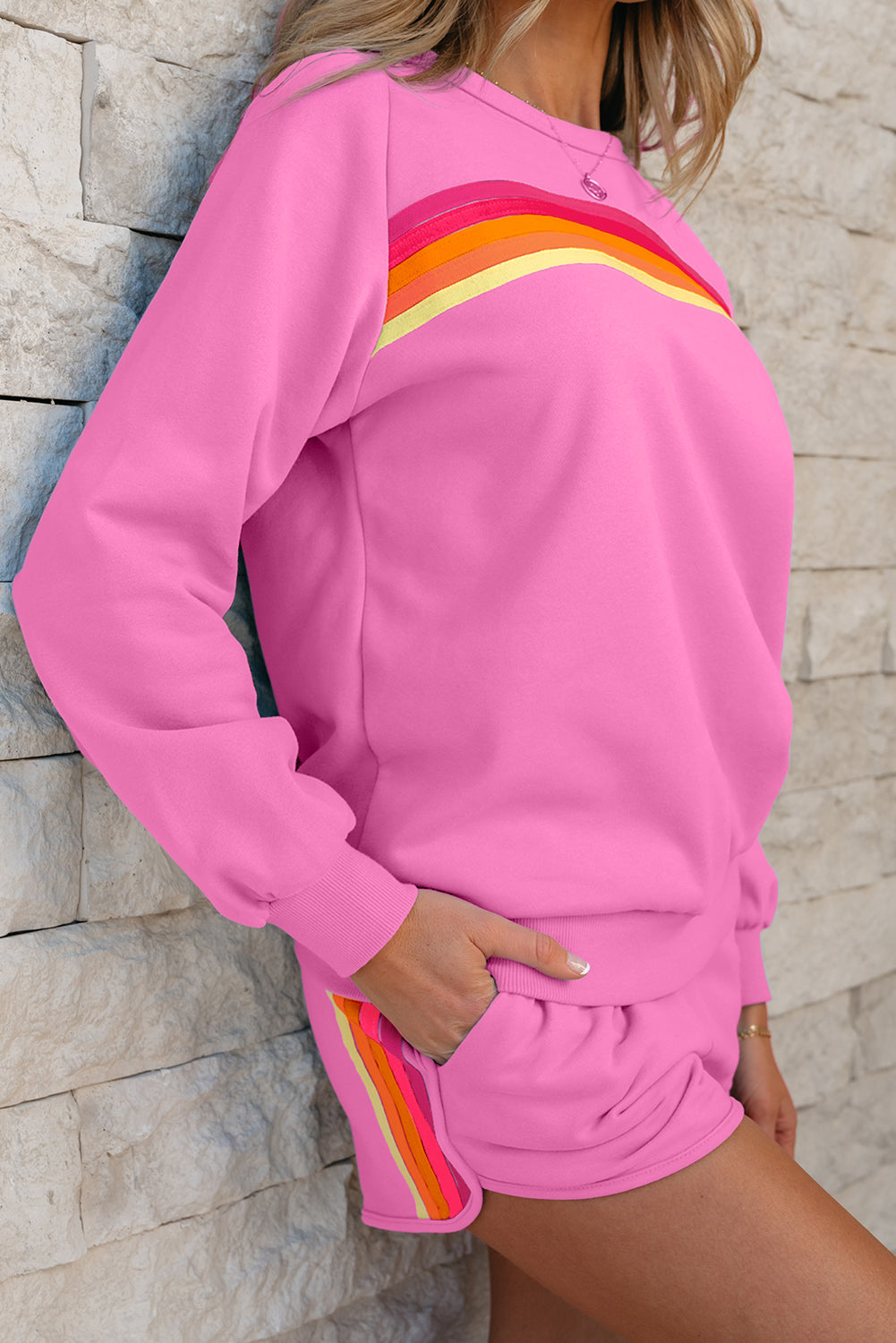 Black Striped Accent Pullover and Shorts Two Piece Casual Set