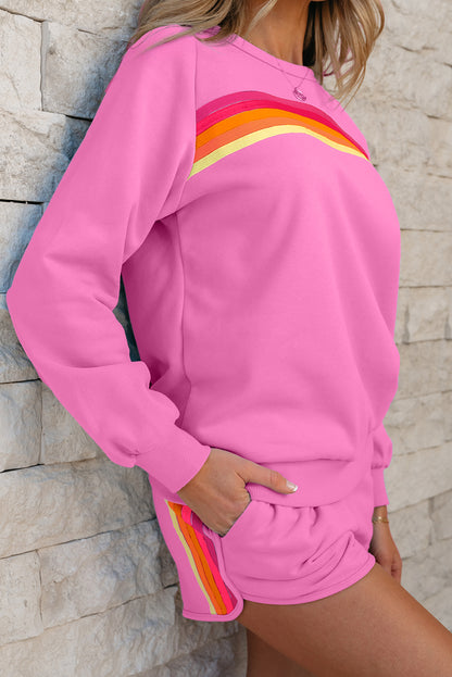 Black Striped Accent Pullover and Shorts Two Piece Casual Set