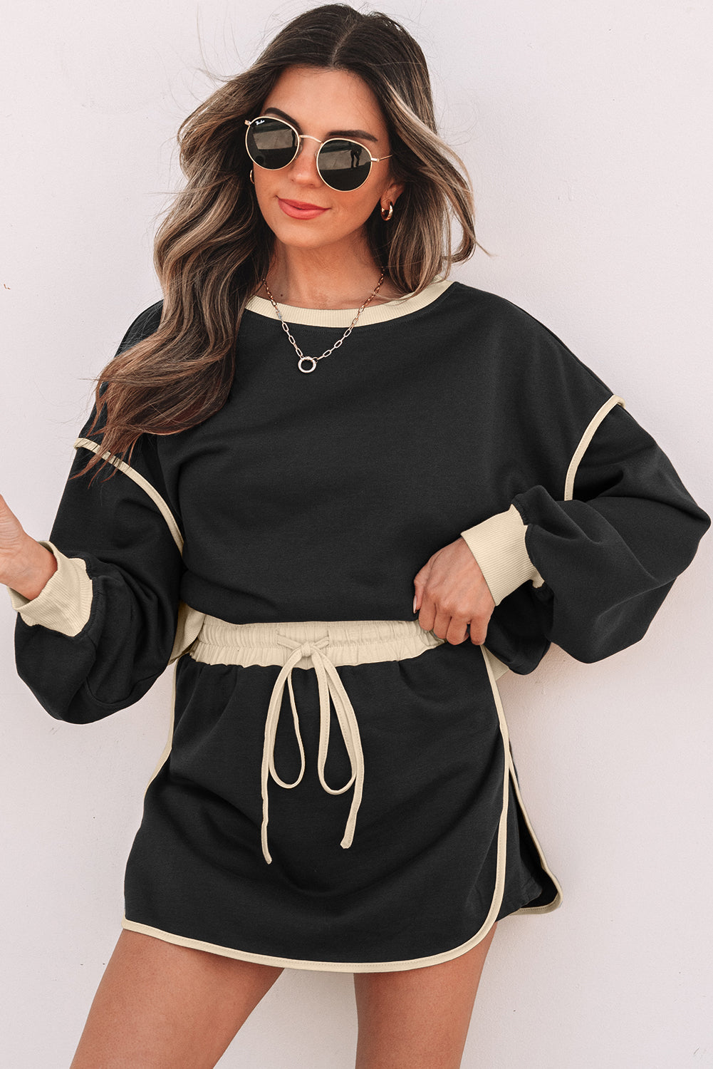 Color Contrast 2-Piece Skirt and Sweatshirt Set